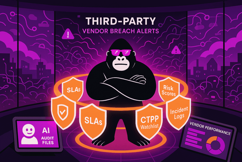 A bold black gorilla wearing purple shades stands center on a glowing purple control room floor under the title “THIRD-PARTY VENDOR BREACH ALERTS,” arms crossed inside an orange ring of shield icons labeled “SLAs,” “CTPP Watchlist,” “Risk Scores,” and “Incident Logs,” flanked by a tablet reading “AI Audit Files” on the left and a “Vendor Performance” dashboard on the right against a stylized cityscape backdrop.