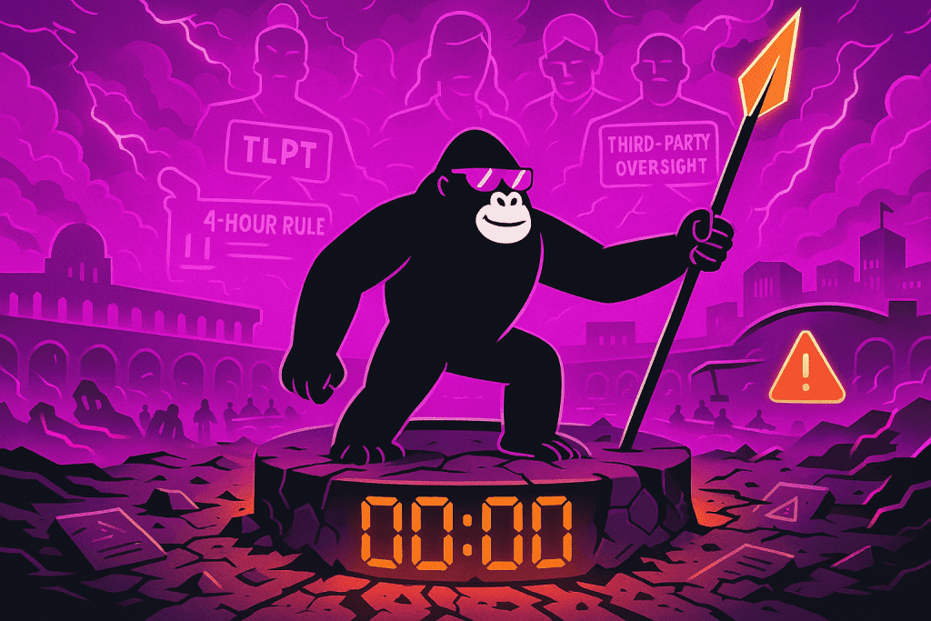 Gorilla stands on a digital clock at 00:00 with spear raised in a coliseum of chaos, ready to enforce DORA rules like TLPT and third-party oversight.