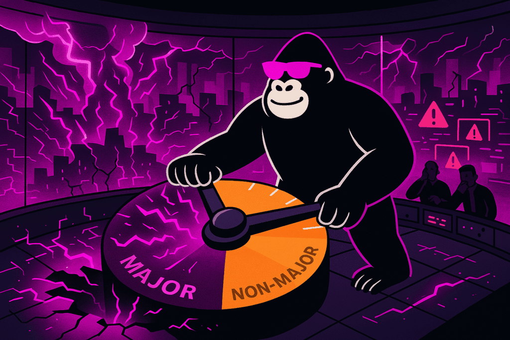 A stylized black gorilla wearing purple sunglasses stands in a dark control room and grips a large orange-and-purple dial marked “MAJOR” on one half and “NON-MAJOR” on the other, as purple lightning cracks the floor beneath and two silhouetted operators watch from a console in the background.