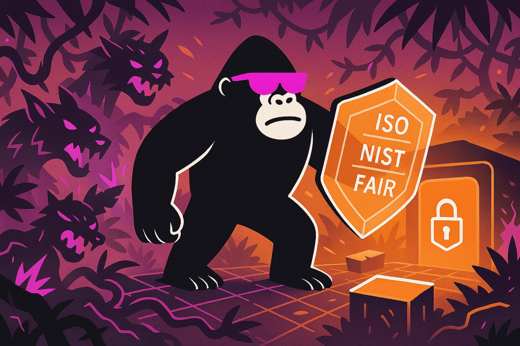 Gorilla defends a locked vault in a dark jungle with a shield labeled ISO, NIST, FAIR, facing shadowy wolves symbolizing cybersecurity threats.