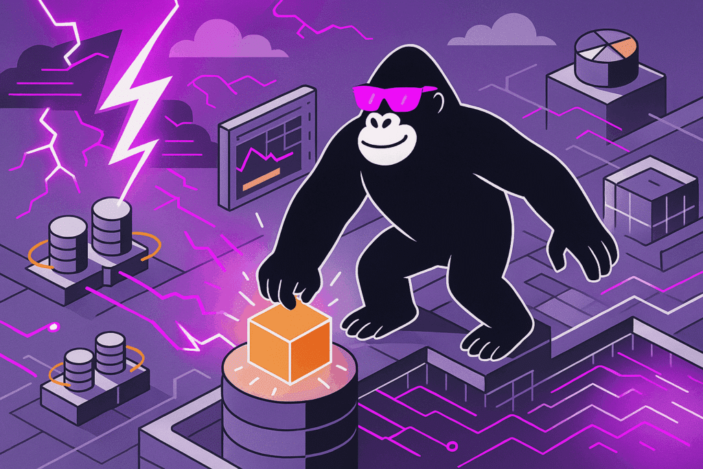 Gorilla activates a glowing cube in a digital landscape of data servers, charts, and lightning, symbolizing control and resilience in fintech systems.