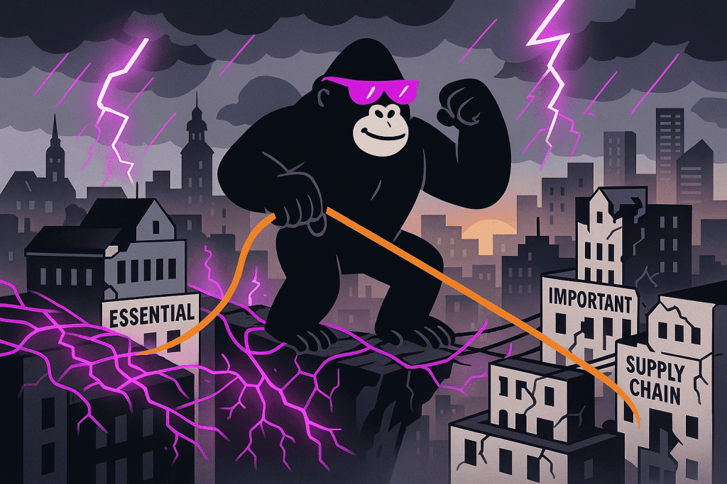 A gorilla bridges a cracked chasm between “Essential” and “Important Supply Chain” buildings amid a storm, symbolizing NIS2 compliance under pressure.