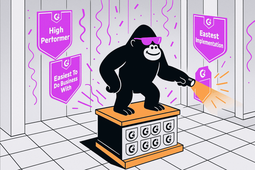 Black ape in pink sunglasses on G2 podium with G2 badges in the background